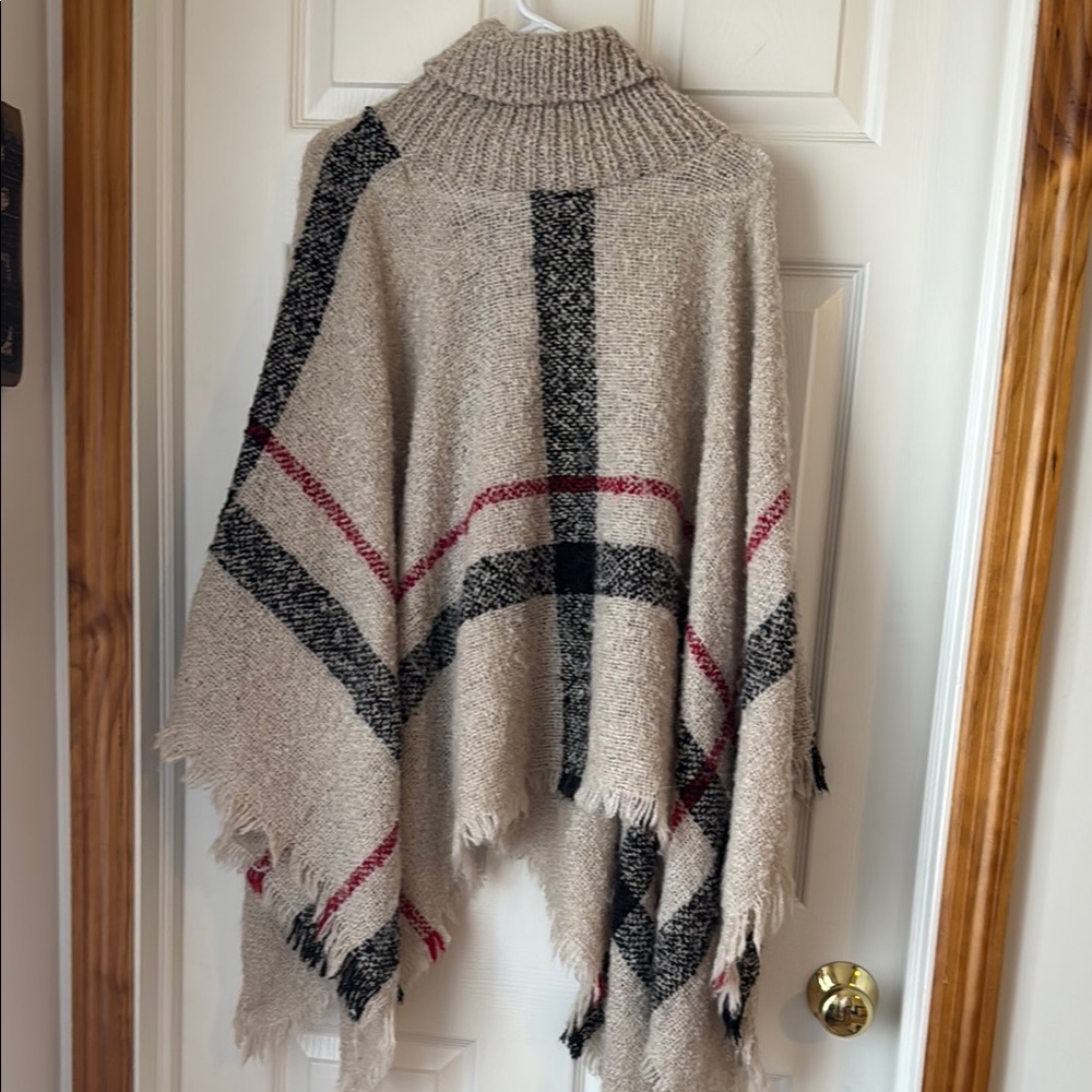 Plaid Knit Poncho Sweater - Beige and Black
